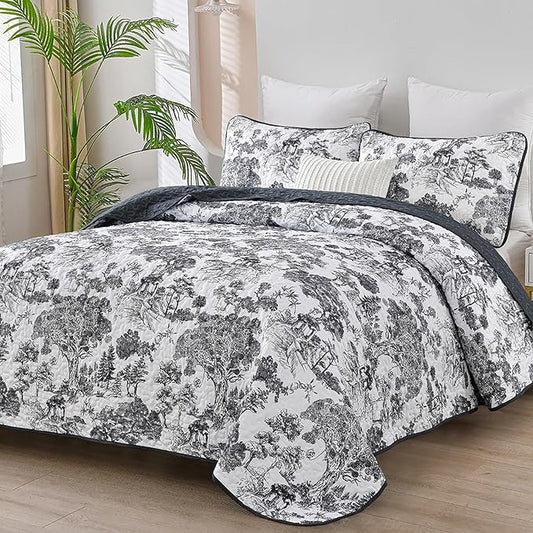 WONGS BEDDING Botanical Quilt Set Queen Size, Black 3 Pieces Toile Floral Plants Printed Bedspread Bedding Set Soft Lightweight Microfiber Coverlet Set for All Season (96"x90")