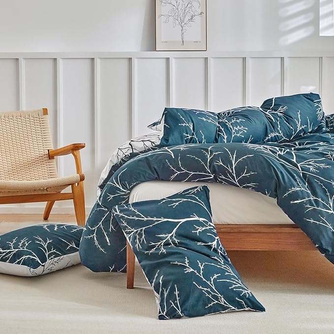 Lekesky Reversible Duvet Cover King Size, Dark Blue White Thin Branch Duvet Cover King 3pc Ultra Soft Microfiber Breathable Stylish Bedding Set with Zipper Ties