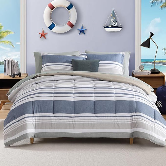 Full Comforter Set Striped, Sea Blue Bedding Set 7 Pieces for Boys Girls Teen, All Season Bed in a Bag for Dorm with Sheets, Pillowcases & Shams