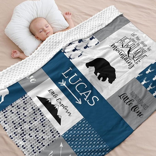 Custom Bear Baby Blanket for Boy, Litter One Blanket with Name - 35 x 45 Blankets with Double Layer Dotted Backing - Shower Gifts for Nursery - Essential Baby Stuff, Dark Slate Blue