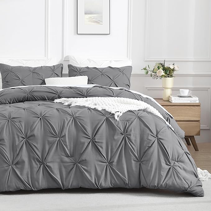 Andency Medium Gray Queen Comforter Set, 3 Piece All Season Decorative Pintuck Bedding Comforter & Sets, Grey Soft Microfiber Lightweight Washable Bed Set for Queen Size Bed