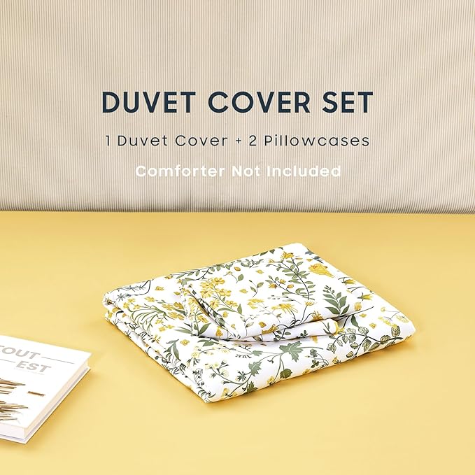 Wake In Cloud - Floral Duvet Cover Set, Shabby Chic Cottage Garden Botanical Flower Style with Elegant Wildflower Pattern, Soft Lightweight Bedding, 3 Pieces, Yellow White, Queen Size