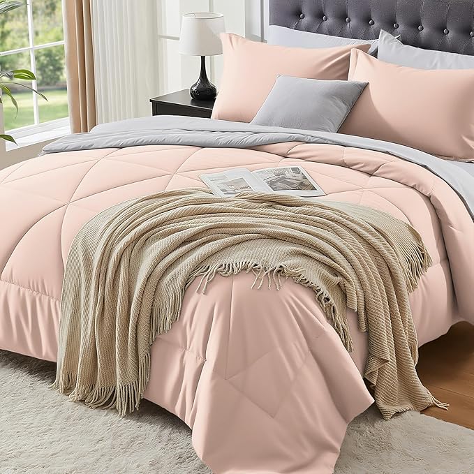 BEDELITE Queen Comforter Set 7 Pieces Bed in A Bag - Soft Microfiber Reversible Dusty Pink Bed Set with Comforters, Sheets, Pillowcases & Shams, Cozy Luxury Bedding Sets for All Season