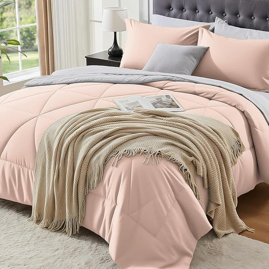 BEDELITE Twin Comforter Set 5 Pieces Bed in A Bag - Soft Microfiber Reversible Dusty Pink Bed Set with Comforters, Sheets, Pillowcase & Sham, Cozy Luxury Bedding Sets for All Season