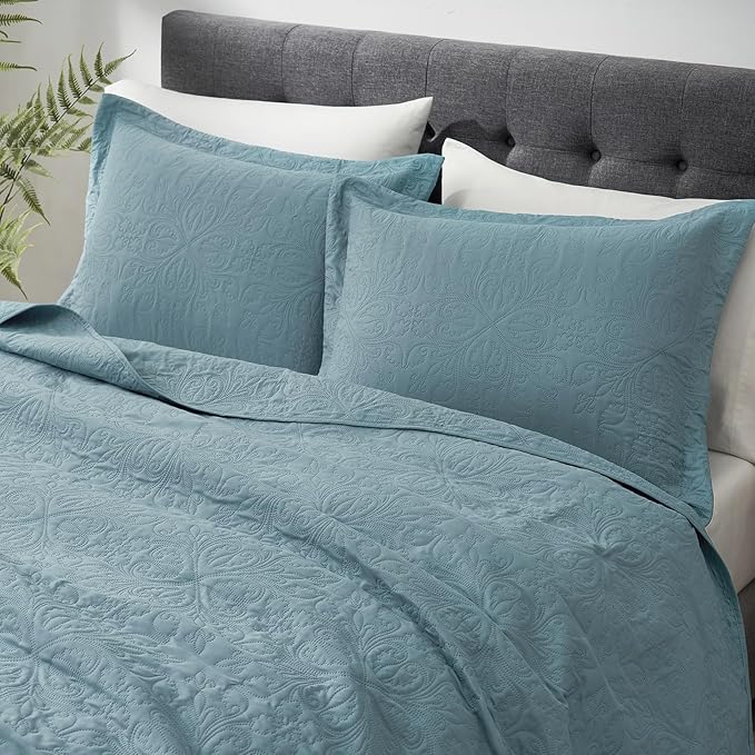 Hansleep Blue Quilt King Size - Baroque Ultrasonic All Season Bedspread King, Soft Lightweight Coverlet Bedding Set, 3 Pieces (1 Quilt, 2 Pillow Shams)