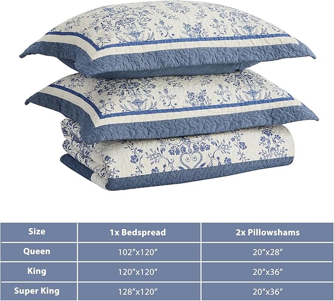 Oversized California King Bedspread - 100% Cotton Lightweight Quilted Coverlet - Soft Reversible Bedding, Medallion Floral Design - Includes 1 Bedspread (128x120)+2 Pillow Shams Blue/White