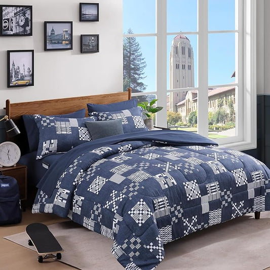 Full Size Comforter Sets Navy Blue, Plaid Bedding Set 7 Pieces for Boys Girls Kids Teen, Classic Homestead-Style Comforter Set Bed in A Bag with Sheets, Pillowcases & Shams