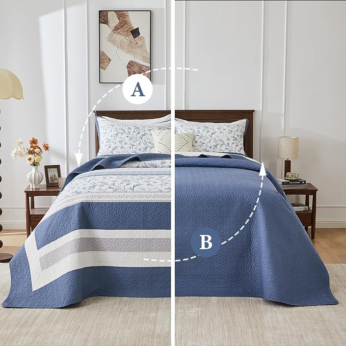 Oversized King Bedspread 128"x120" - 100% Cotton Lightweight All-Season Quilted Coverlet with Floral Striped Design - French Country & Farmhouse Bedding - Oversized King Plus Quilt in Blue