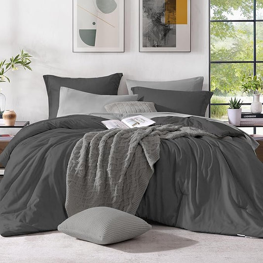 Monbix Full Size Comforter Set, Dark Grey Bedding Comforter for Full Size Bed Set Reversible, Bedding Sets Full 7 Pieces, Cationic Dyeing Bed in a Bag with Comforter, Sheets, Pillowcases & Shams