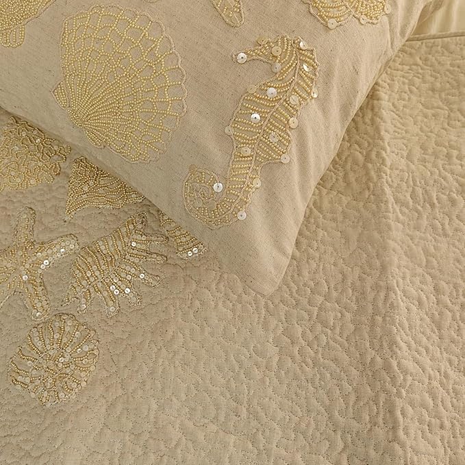 The HomeCentric King Queen Twin Beige Handmade Queen 74"x18" Bed Runner Without Pillow Cover, Pearl Embroidery Bed Scarf on Linen Fabric - Off to The Sea