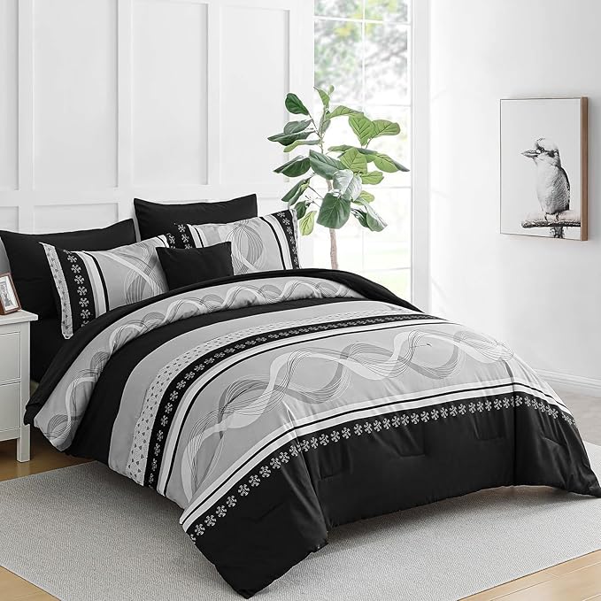 Anibedding Black Comforter Set Twin Size,6 Pieces Boho Bed in a Bag Patchwork Striped Comforter Set,Soft Microfiber Bedding Set for All Season(86"x68")