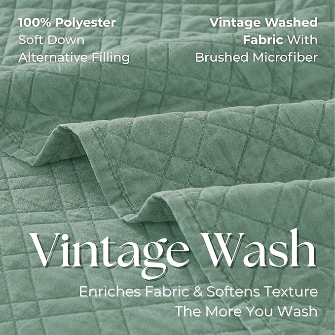 DOWN HOME Twin Quilt Set with Sham Lightweight Quilted Bedspread Coverlet Thin Comforter Bed Cover Vintage Washed Quilted Blanket for All Season, Brushed Microfiber Diamond Stitching, Green, 66"x92"