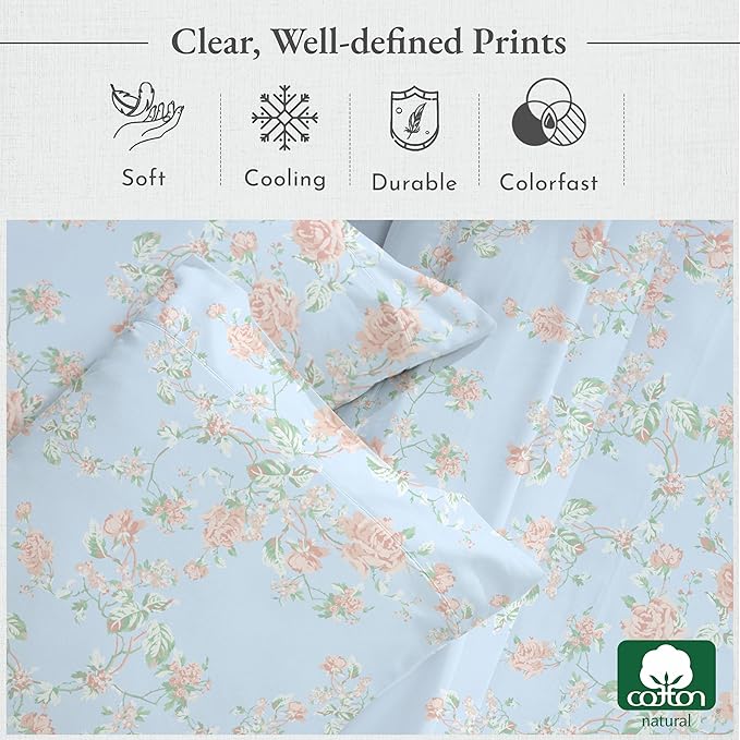 California Design Den Floral Printed Queen Sheet Set - 400 Thread Count Sateen, Natural 100% Cotton Sheets Queen Size Bed Set, Deep Pockets, and Durable Bedding - Antique Rose