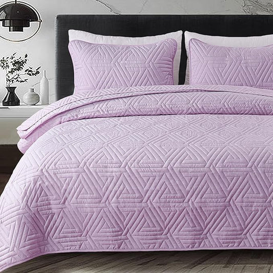 Whale Flotilla Soft Queen Size Quilt Set for All Seasons, 3-Piece Ultrasonic Geometric Quilts Bedding Set, Lightweight Reversible Bedspread, Coverlet, Bed Cover with 2 Pillow Shams, Light Purple