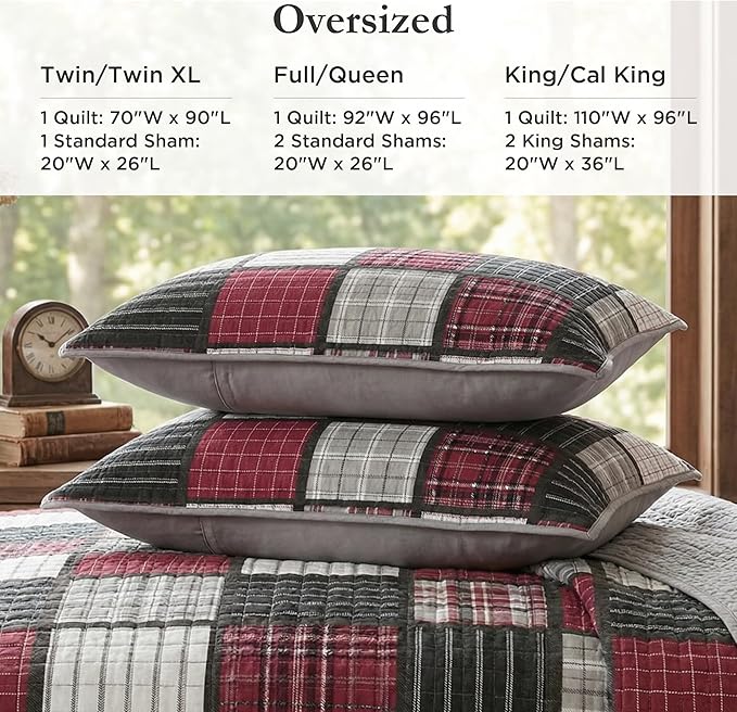 Woolrich Reversible Quilt Cabin Lifestyle Design - All Season, Breathable Coverlet Bedspread Bedding Set, Matching Shams, Oversized Full/Queen, Tulsa Plaid Red/Grey 3 Piece
