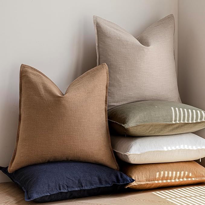 Foindtower Pack of 2, Decorative Linen Soild Throw Pillow Covers Soft Accent Cushion Case Boho Farmhouse Pillowcase for Chair Couch Sofa Bedroom Living Room Home Decor 22 x 22 Inch Light Khaki Brown