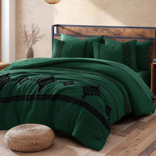 MaiRêve Embroidery Comforter Set, Boho Farmhouse Western Bedding Set, All Season Bed in A Bag Comforter Set with Sheets, Pillowcases & Shams, Emerald Green Queen 7 Pieces