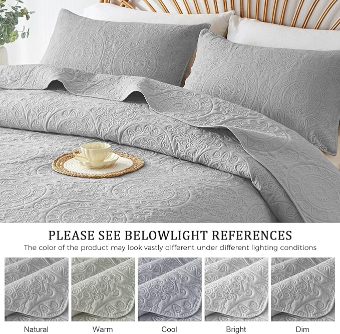 WURUIBO Light Gray Quilt Set Twin Size, Embossing Microfiber Bedspreads with Pillow Sham, Ligthweight Breathable Thin Coverlet, Reversible Bedding Set for All Season (1 Quilt, 1 Pillow Sham)