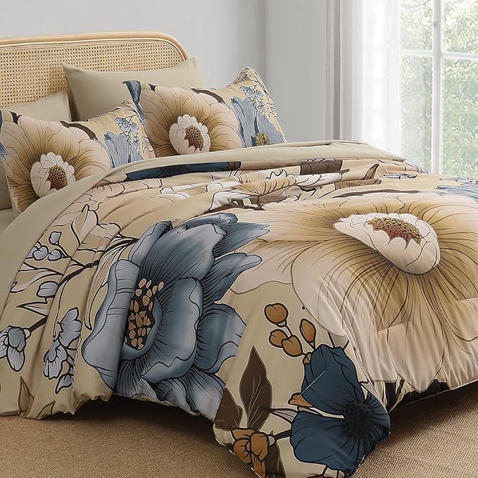 Xruibed Fall Floral Comforter Set Queen Size 7 Pieces Bed in a Bag Brown Flower Bedding Sets Lightweight Boho Bed Set with Sheet,Pillowcases&Shams for All Season