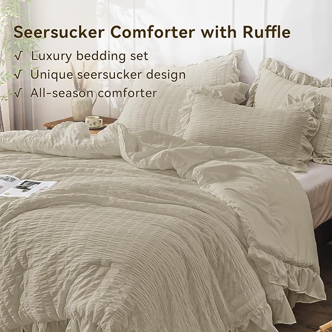JOLLYVOGUE King Size Comforter Set, 3 Pieces Linen Seersucker Comforters King Size, Lightweight & Fluffy Bedding Sets King for All Season with 1 Ruffle Comforter and 2 Ruffle Pillowshams
