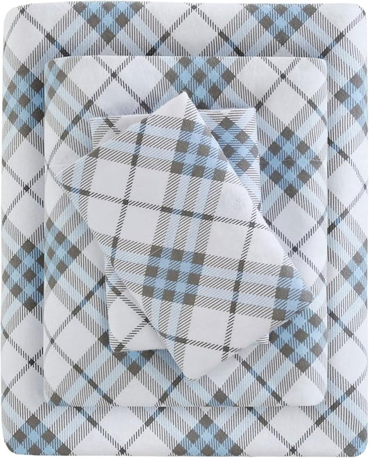 True North by Sleep Philosophy Cozy Flannel Warm 100% Cotton Sheet - Novelty Print Animals Stars Cute Ultra Soft Cold Weather Bedding Set, Twin, Blue Plaid 3 Piece