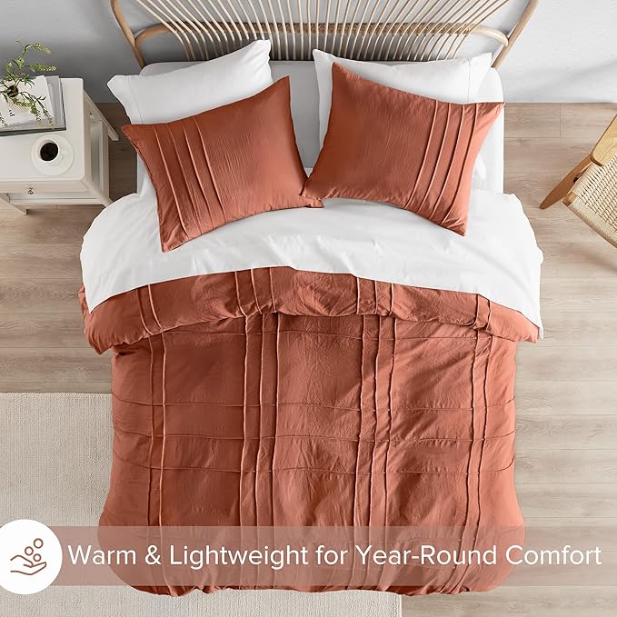 Comfort Spaces Clay Full Size Duvet Cover Set - 3-pc Pintuck Pleated Duvet Cover Full, All Season Lightweight, Extra Softness Pre-Washed Microfiber Bed Cover Shams, Full