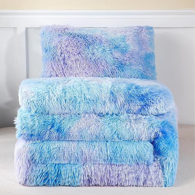 PERFEMET 3 Pcs Blue Plush Shaggy Comforter Queen Size Tie Dye Long Faux Fur Rainbow Bedding Set for Girls Ultra Soft Warm Fluffy Furry Bed Sets(Blue, Queen)