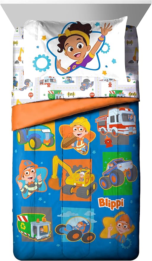 Jay Franco Blippi & Meekah Trucks Toddler Comforter Set - 4 Piece Blue Bedding Sheet Set & Pillow Cover - Super Soft Microfiber Bed Set