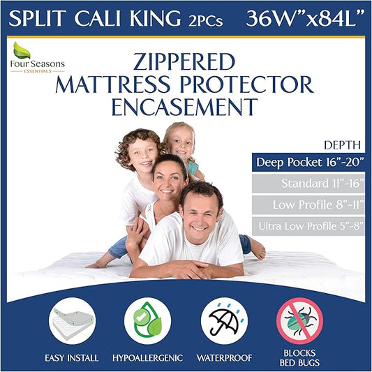 Split Cali King Mattress Encasement 36" x 84" (2PCs) - Waterproof Zippered Protector Hypoallergenic Premium Quality Deep Pocket Cover for Adjustable Beds and Split Mattresses (16"-20" Depth)