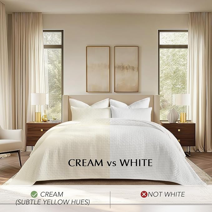 EVERGRACE Cross Stitch Pre-Washed Cotton Quilt Bedding Set Queen Size, Oversized 3 Pieces Lightweight Bedspread Coverlet for All Season, with 2 Matching Shams, Cream, 92"x96"