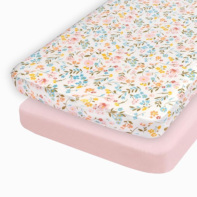 Muslin Cotton Crib Sheets for Girls, 2 Pack 52"x28" Fitted Baby Crib Sheet for Girl, Soft & Breathable Baby and Toddler Bed Sheets, Mattress Cover Muslin Cribs Sheet Set Nursery Gift Pink Floral