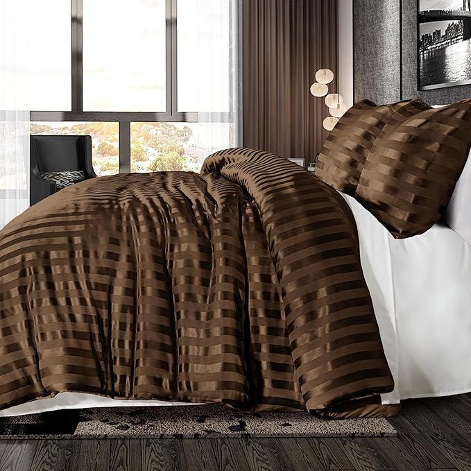 Whale Flotilla 3-Piece Reversible Silky Soft King Size Comforter Set, Luxury Stripe Satin Oversized Comforter Bedding Set with 2 Satin Pillowcases, Lightweight Duvet Set for All Seasons, Brown