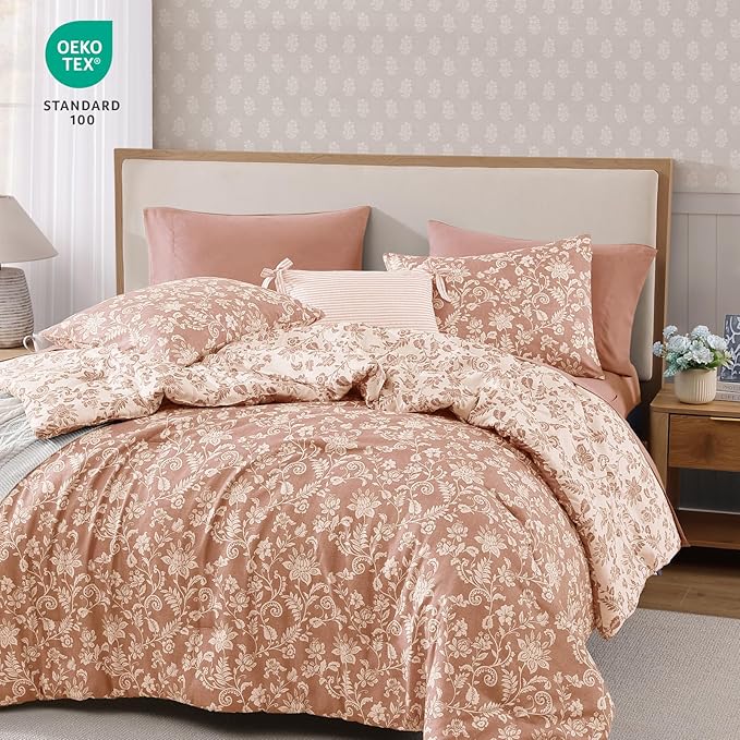 King Comforter Set -7 Pieces Clay Pink Floral Comforter Set for All Seasons, Bed in a Bag King with Botanical Flowers Comforter, Sheets, Pillowcases & Shams