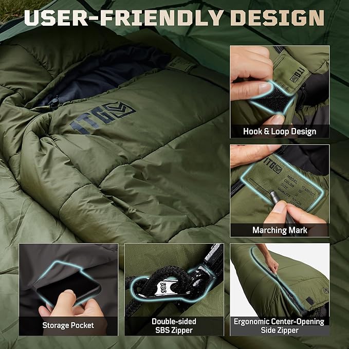 Sleeping Bag for Adults, 25-36℉Cold Weather Mummy Sleeping Bag, Lightweight 3–4 Season Winter Sleeping Bag with Adjustable Hood, Phone Pocket & Compression Sack for Camping Hiking Backpacking