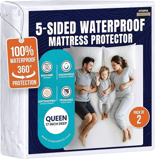 Utopia Bedding Waterproof 5-Sided Mattress Protector Queen Size, Premium Breathable Mattress Cover, Fitted Style with Stretchable Pockets (White - Pack of 2)
