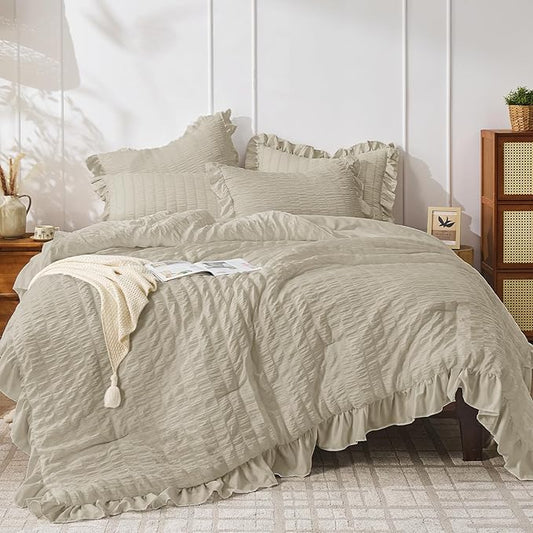 JOLLYVOGUE Twin Size Comforter Set, 2 Pieces Linen Seersucker Lightweight Fluffy Bedding Set, Twin Ruffle Comforter, All Season Soft Microfiber Shabby Chic Bed Set