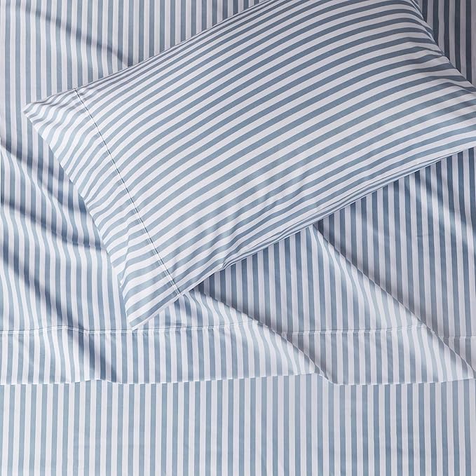 Amazon Basics Breathable, Brushed Microfiber Wrinkle Resistant 3 Piece Bed Sheet Set with 14-Inch Deep Pockets, Twin, Dusty Blue Pinstripe, Printed
