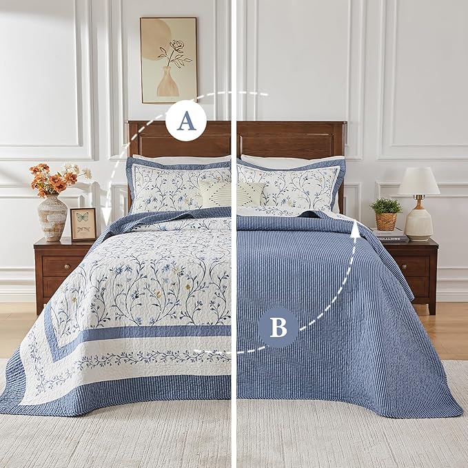 Oversized Queen Bedspread 102"x120" - 100% Cotton Lightweight All-Season Quilted Coverlet with Vine Floral Design - Elegant Farmhouse & Modern Bedding - Oversized Queen Quilt in Blue/White