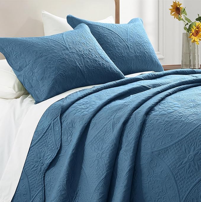 IR Imperial Rooms California King Quilt Bedding Set Size (118"x106") + 2 Pillow Shams (20" x 36"+ 2") - 3 Pcs All Season Reversible Microfiber Coverlet Embossed Floral Quilt Bedspread (Light Blue)
