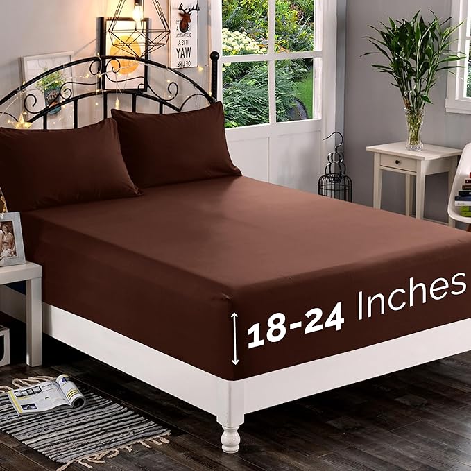 Elegant Comfort 1500 Premium Quality Fitted Sheet Ultra Soft 18-24 Inch Extra Deep Pocket - Single Fitted Sheet for High Mattress - Wrinkle Free with Smart Storage Pockets, Full, Chocolate Brown