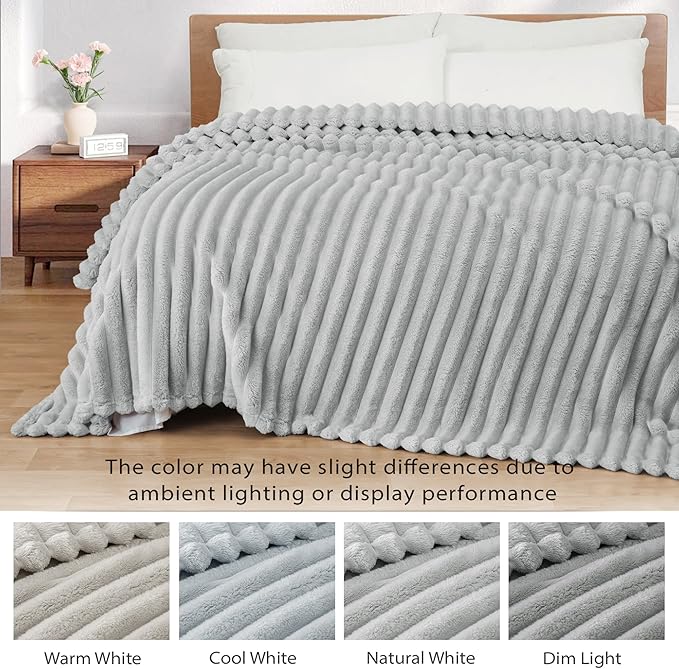 Exclusivo Mezcla Twin Size Flannel Fleece Blanket, Super Soft Striped Jacquard Bed Blanket, Lightweight Fuzzy Cozy for All Seasons, 60x80 Inches, Light Grey
