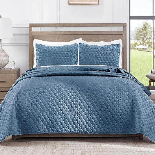 Exclusivo Mezcla Reversible California King Size Quilt Bedding Set with Pillow Shams, Lightweight Quilts Cal King Size, Soft Bedspreads Bed Coverlets for All Seasons - (Grayish Blue, 112"x104")
