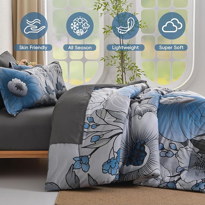 Xruibed King Comforter Set 7 Pieces Grey Blue Floral Comforter Set King Size Bed in a Bag Flower Bedding Sets Lightweight Boho Bed Set with Sheet, Pillowcases&Shams for All Season