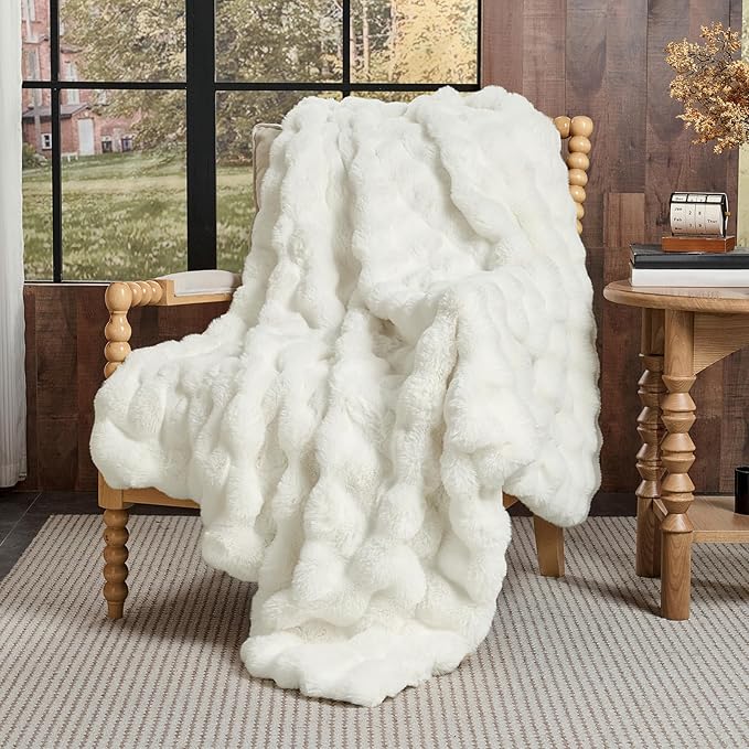 Lotus Karen Faux Fur Blanket - Cream White Twin Size, Big Bubble Rabbit Fluff, 60x80 Inches