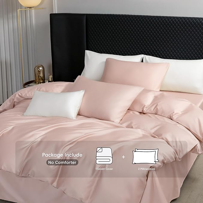 MooMee Duvet Cover Set 100% Extra Long Staple Cotton 600 Thread Count Silky Sateen Smooth Luxury Soft Breathable Durable Hotel Quality Bedding, 3 Pieces (Light Pink, Queen 90"x90")