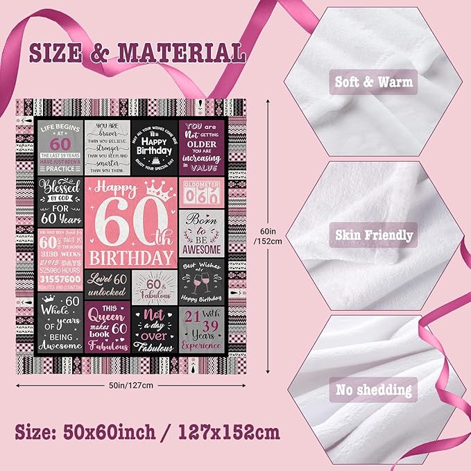 60th Birthday Gifts for Women Throw Blanket 60”X50”, Happy 60th Birthday Decorations Gift Ideas for 60 Year Old Woman, 1966 Bday Gifts for Mom Grandma