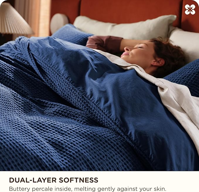 Bedsure Cotton Duvet Cover King - 100% Cotton Waffle Weave Navy Blue Duvet Cover King Size, GentleSoft™ and Breathable Bedding Set for All Season, 3 Pieces, 104"x90"