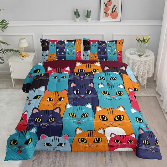 Axolotl Cartoon Cat Comforter Set Kids Bedding Queen Size,Cute Colorful Cat Bedding Set for Kids Boys Girls Adults Teens Room Decor,Kids Comforter Set All Season,1 Comforter 2 Pillow Cases