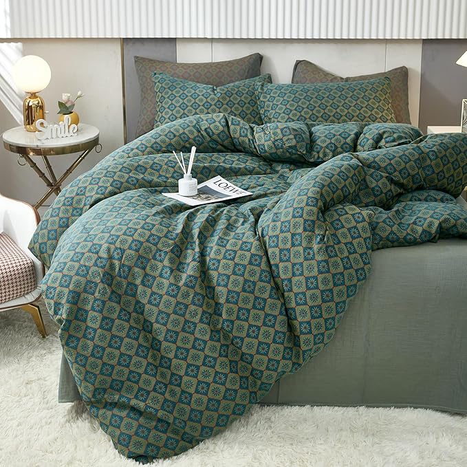 VM VOUGEMARKET Linen Cotton Duvet Cover Queen,3 Pcs Yarn-Dyed Textured Duvet Cover Set Green Flower Geometric Bedding Set,Ultra Soft and Breathable Comforter Cover Set