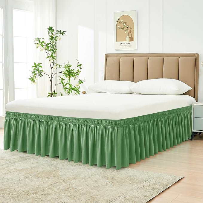 Biscaynebay Wrap Around Bed Skirts for Queen Beds 14" Drop, Sage Adjustable Elastic Dust Ruffles Easy Fit Wrinkle Resistant Silky Luxurious Fabric Machine Washable